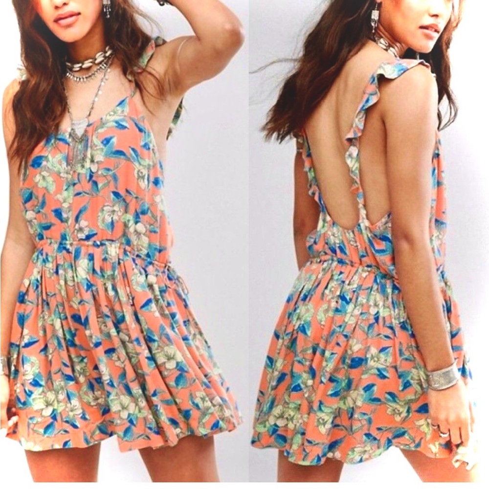 Free People Dear You Floral Print Orange Combo Mini Dress Women's Size Medium